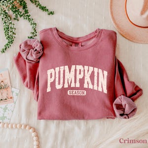 Puede incluir: Sudadera color carmes&iacute; con el texto "PUMPKIN SEASON" en una fuente blanquecina desgastada. La sudadera est&aacute; doblada, con las mangas dobladas. Un sombrero y elementos decorativos sugieren un tema oto&ntilde;al.