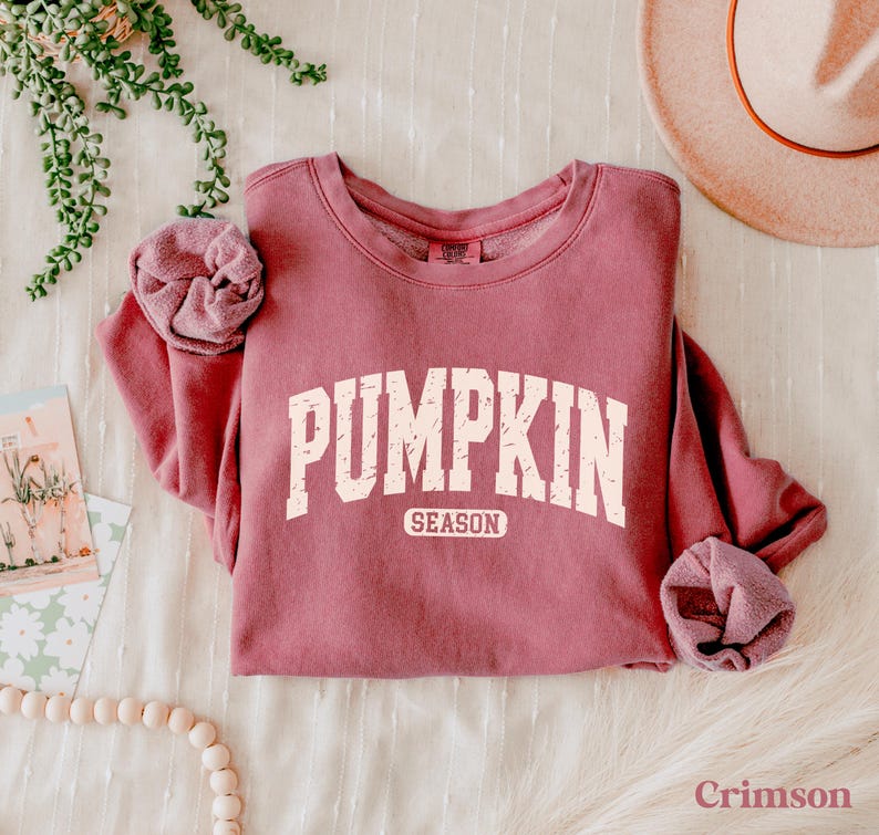 Puede incluir: Sudadera color carmes&iacute; con el texto "PUMPKIN SEASON" en una fuente blanquecina desgastada. La sudadera est&aacute; doblada, con las mangas dobladas. Un sombrero y elementos decorativos sugieren un tema oto&ntilde;al.