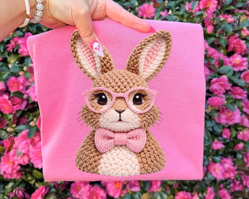 May include: A pink fabric with a crocheted bunny design. The bunny has brown fur, pink glasses, and a pink bow tie. The bunny's ears have a pink interior. The background is a vibrant display of pink flowers.