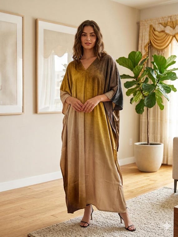 golden kaftan dress Golden Ombre Satin Kaftan: Hand Beaded Full Length Party Wear Dress