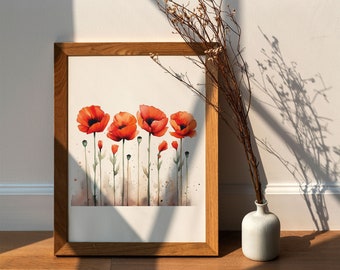 Watercolor poppy flowers - Printable Art - Botanical Art Watercolor - Red Poppy Painting - Birth month flower