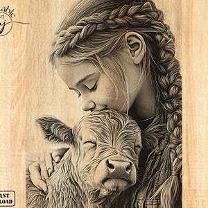 Farm Girl Hugging Highland Cow Laser Engraving File (PNG)