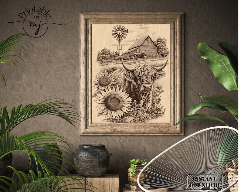 Pu&ograve; includere: Stampa incorniciata in tonalit&agrave; seppia raffigurante una mucca delle Highlands, girasoli e una scena rurale con un fienile e un mulino a vento. L'opera d'arte &egrave; in una cornice di legno e include il testo "Printable Art MJ" e "INSTANT DOWNLOAD".