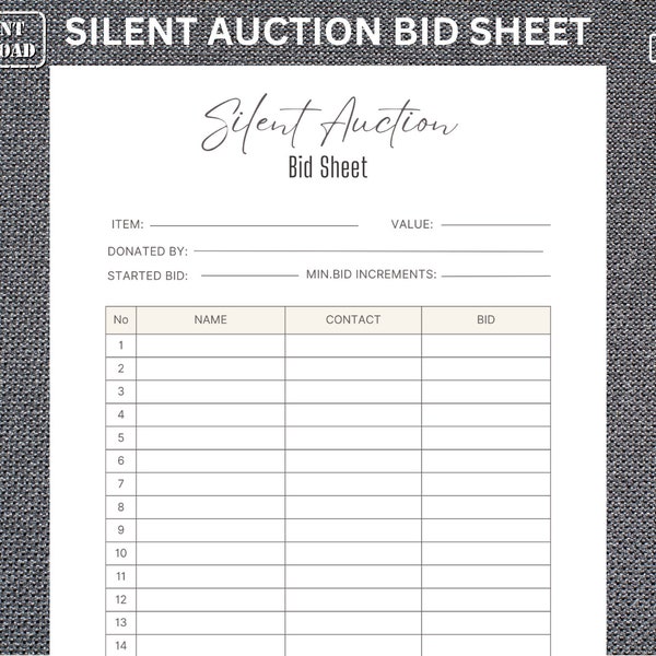 Silent Auction Bid Sheet, Silent Auction Sign up sheet, Fundraiser sheet, Silent auction bidding sheet, Printable Sign up sheet