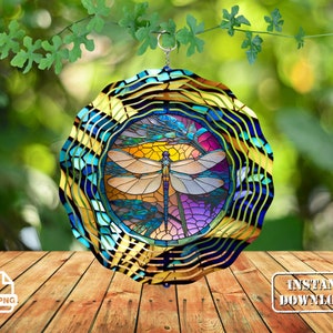 Dragonfly Wind Spinner Stained Glass Sublimation Design (PNG)