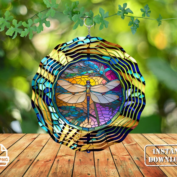 Dragonfly Wind Spinner Stained Glass Sublimation Design Template, Wind Spinner SVG, 10 inch Round Sublimation, Round Hanging