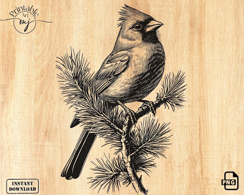May include: A black and white illustration of a cardinal perched on a pine branch. The bird is facing right and has a detailed, realistic design.