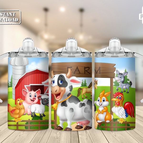 Kid's Farm Animals 12oz Skinny Straight Tumbler Sublimation Designs Digital Download Tumbler Wrap PNG JPG Cute Sippy Cup, Kids Water Bottle