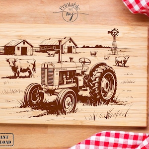 May include: A wooden cutting board with a sepia-toned farm scene. A John Deere tractor is in the foreground, with barns, cows, and a windmill in the background. The words "Instant Download" are at the bottom.