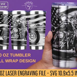 American Biker Tumbler Laser Engraved Full Wrap 20oz Tumbler Wrap Laser SVG Motorcycle Engraved Tumbler, Motorcycle 20oz Tumbler Full Wrap