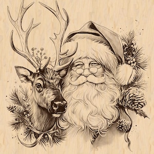 Peut inclure: Illustration détaillée du Père Noël et d'un renne, dans des tons bruns et beiges. Le Père Noël, avec une longue barbe blanche et des lunettes, est à côté du renne, orné de bois et de feuillage festif. Le fond est un grain de bois clair.