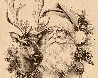 Incisione laser vintage di Babbo Natale e renne: file di incisione natalizia rustica (PNG)