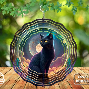 Black Cat Moon Wind Spinner Sublimation Design (PNG Digital Download)