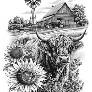 Pu&ograve; includere: Illustrazione in bianco e nero di una mucca delle Highlands con lunghe corna, ambientata in un contesto rurale. Girasoli e fiori selvatici incorniciano la mucca, con un fienile, un trattore e un mulino a vento sullo sfondo. I girasoli hanno le iniziali "mj".