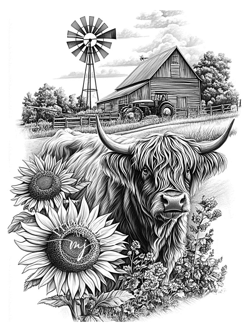 Pu&ograve; includere: Illustrazione in bianco e nero di una mucca delle Highlands con lunghe corna, ambientata in un contesto rurale. Girasoli e fiori selvatici incorniciano la mucca, con un fienile, un trattore e un mulino a vento sullo sfondo. I girasoli hanno le iniziali "mj".