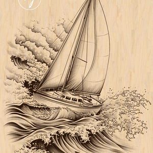 Könnte beinhalten: Schwarz-Weiß-Illustration eines Segelboots in stürmischer See. Das Boot mit seinen vollen Segeln ist inmitten großer, stilisierter Wellen dargestellt. Das Bild hat einen Vintage-Holzschnittstil, mit dem Text "Printable Art mj" oben links.