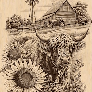 Pu&ograve; includere: Illustrazione in seppia di una mucca delle Highlands con girasoli e una scena di fattoria. La mucca ha lunghi peli ispidi e grandi corna. Un fienile, un trattore e un mulino a vento sono sullo sfondo. Il testo "Printable Art MJ" &egrave; nell'angolo in alto a sinistra.