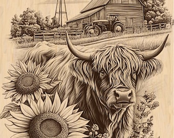 Highland Cow Laser Engraving: Farmhouse Sunflower PNG (Digital Download)