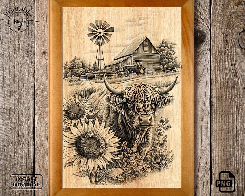 Pu&ograve; includere: Un'opera d'arte incorniciata, pirografata su legno, raffigurante una mucca delle Highlands, girasoli, un fienile, un mulino a vento e un trattore. L'opera &egrave; nei toni del marrone e del nero, con le parole "Download istantaneo".