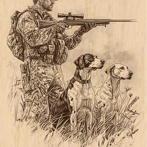Può includere: Illustrazione in seppia di un cacciatore in mimetica che mira con un fucile con mirino, accompagnato da due cani da caccia. L'opera presenta ombreggiature dettagliate e uno sfondo naturale.