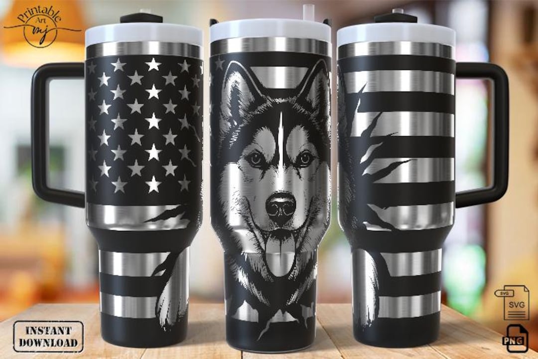 Patriotic Husky Tumbler SVG: American Flag Dog Wrap, Laser