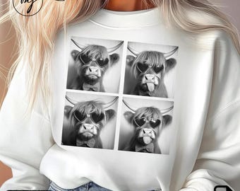 Highland Cow Photo Booth Png, Funny Cow Film Strip Png, Highland Cow Sunglasses Png, Photobooth Style PNG, Farm Animal Shirt Design PNG