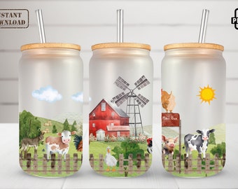 Farm Animals Glass Can Wrap: Highland Cow & Chickens Sublimation Design (PNG)