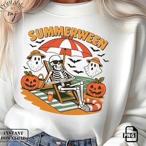 Summerween PNG, Spooky Summer Sublimation Design, Skeleton Halloween PNG, Retro Pumpkin PNG, Summer Horror Png Clipart