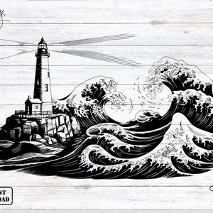 May include: Black and white illustration of a lighthouse on a rocky cliff with large waves crashing around it. The lighthouse has a beam of light shining from the top.