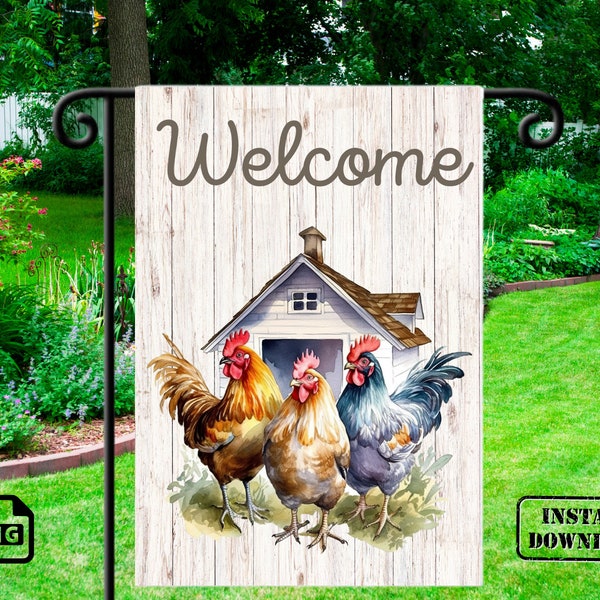 Chickens Garden Flag Sublimation Design, Rooster Garden Flag Welcome Farm Design Chicken png