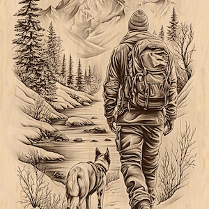 May include: A detailed woodcut illustration depicts a person hiking with a dog in a snowy mountain landscape. The person wears a backpack and winter clothing. The dog is on a leash. The background features a river, trees, and mountains.