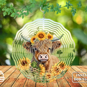 Highland Cow Sunflowers Wind Spinner Sublimation Design (PNG)