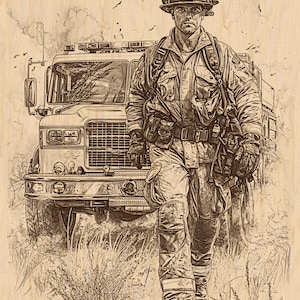 Fire Truck Engraving PNG, Firefighter Wood Burn Design, CNC Engraving File, Fireman Burn Art, Woodburn Digital PNG