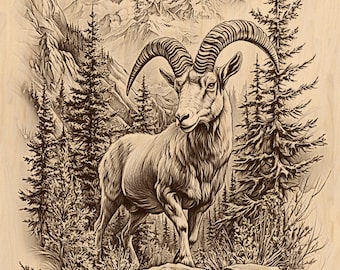 Op de afbeelding: Een gedetailleerd houtgebrand kunstwerk toont een majestueuze ram met grote, gebogen hoorns die op een rots staat. De ram wordt omringd door groenblijvende bomen en een berglandschap. Het kunstwerk is uitgevoerd in bruin- en beigetinten.