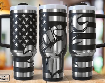 May include: Three black and silver travel mugs with handles. The mugs feature designs including the American flag, a clenched fist, and a wrench. The mugs have a white lid and a black handle.
