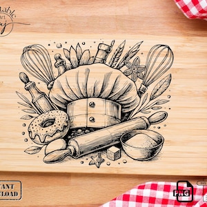 Bakning SVG-fil: Kockmössa och köksredskap lasergravyr (digital nedladdning)