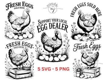 以下が含まれることがあります： 鶏と卵の白黒イラスト。テキストには「Fresh Eggs Sold Here」と「Support Your Local Egg Dealer」が含まれています。画像は、印刷やクラフトプロジェクト用のデジタルデザインです。