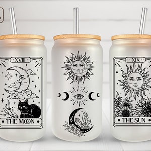 Celestial 16oz Glasdose Sublimationsdesign Tarot Karten Glasdose PNG digitaler Download Sonne und Mond 16oz Sublimationsdesign
