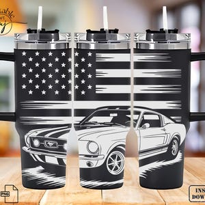 May include: Black and white insulated travel mug with an American flag design and a classic car graphic. The mug has a black handle, a silver lid, and a white straw. The words "Instant Download" are visible.
