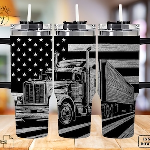 May include: A black and white graphic design of a semi-truck with a trailer on a black background with a white star pattern. The design is for a 20 oz tumbler.