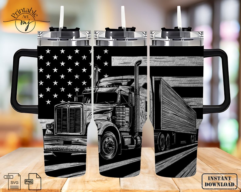 May include: A black and white graphic design of a semi-truck with a trailer on a black background with a white star pattern. The design is for a 20 oz tumbler.