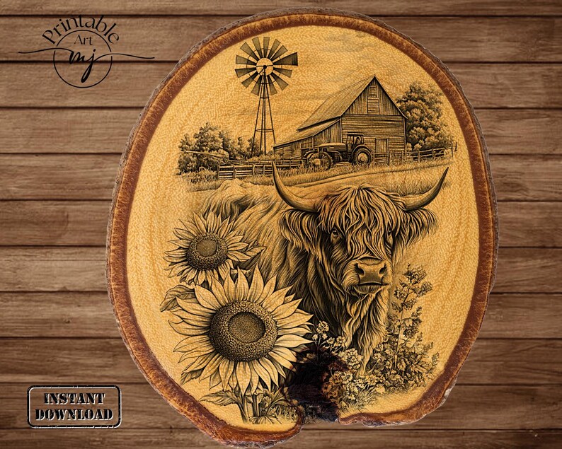 Pu&ograve; includere: Una fetta di legno rustica con un'incisione dettagliata di una mucca delle Highlands, girasoli, un fienile e un mulino a vento. L'opera d'arte &egrave; nei toni del marrone e del beige, con il testo "Instant Download" in basso.