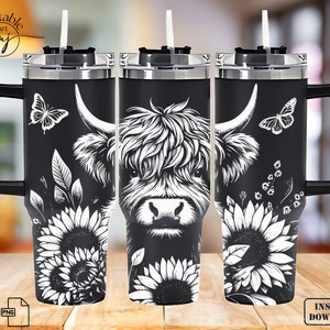 May include: A black stainless steel tumbler with a white highland cow, sunflowers, and butterflies design. The tumbler has a black lid and a black handle.
