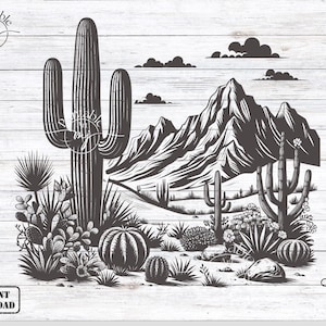 Könnte beinhalten: Schwarz-weiß-Illustration einer Wüstenlandschaft mit Bergen, Kakteen und anderen Wüstenpflanzen. Die Illustration befindet sich auf einem Holzmaserungshintergrund.