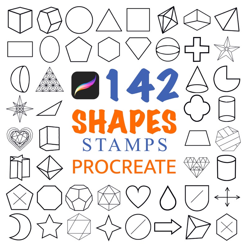 K&ouml;nnte beinhalten: Ein Schwarzwei&szlig;bild mit 142 verschiedenen Formen, darunter geometrische Formen, Herzen, Sterne und Pfeile. Der Text "142 SHAPES STAMPS PROCREATE" befindet sich in der Mitte des Bildes.