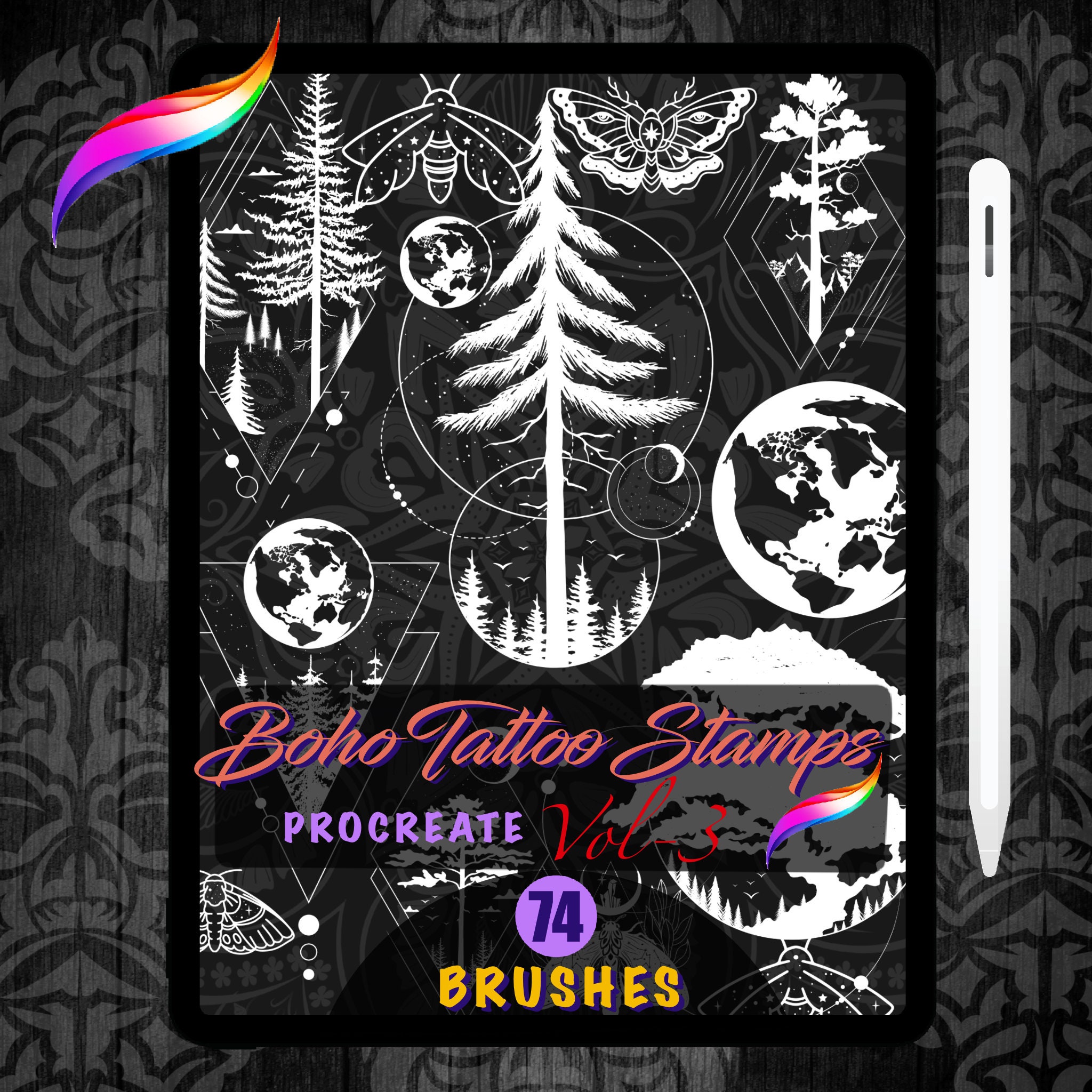 Pinceles y sellos geométricos para Procreate – 74 patrones boho de tatuaje sin costuras