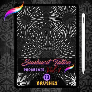 以下が含まれることがあります： Procreate 用のサンバーストタトゥーブラシ73 個のデジタルイラスト。ブラシは黒地に白。画像の中央に「Sunburst Tattoo Procreate Vol. 1」の文字があります。