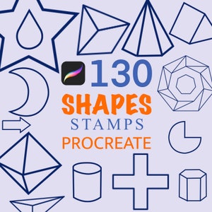 K&ouml;nnte beinhalten: Eine digitale Illustration von 130 verschiedenen Formen, darunter Sterne, Kreise, Quadrate und Dreiecke. Der Text "130 Shapes Stamps Procreate" ist in orangefarbenen und blauen Buchstaben auf einem hellvioletten Hintergrund geschrieben.