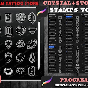 May include: A digital illustration of 40+ crystal and stone stamps for Procreate. The stamps are outlined in white on a black background. The image includes the text "DREAM TATTOO STORE" and "STAMPS VOL-3".