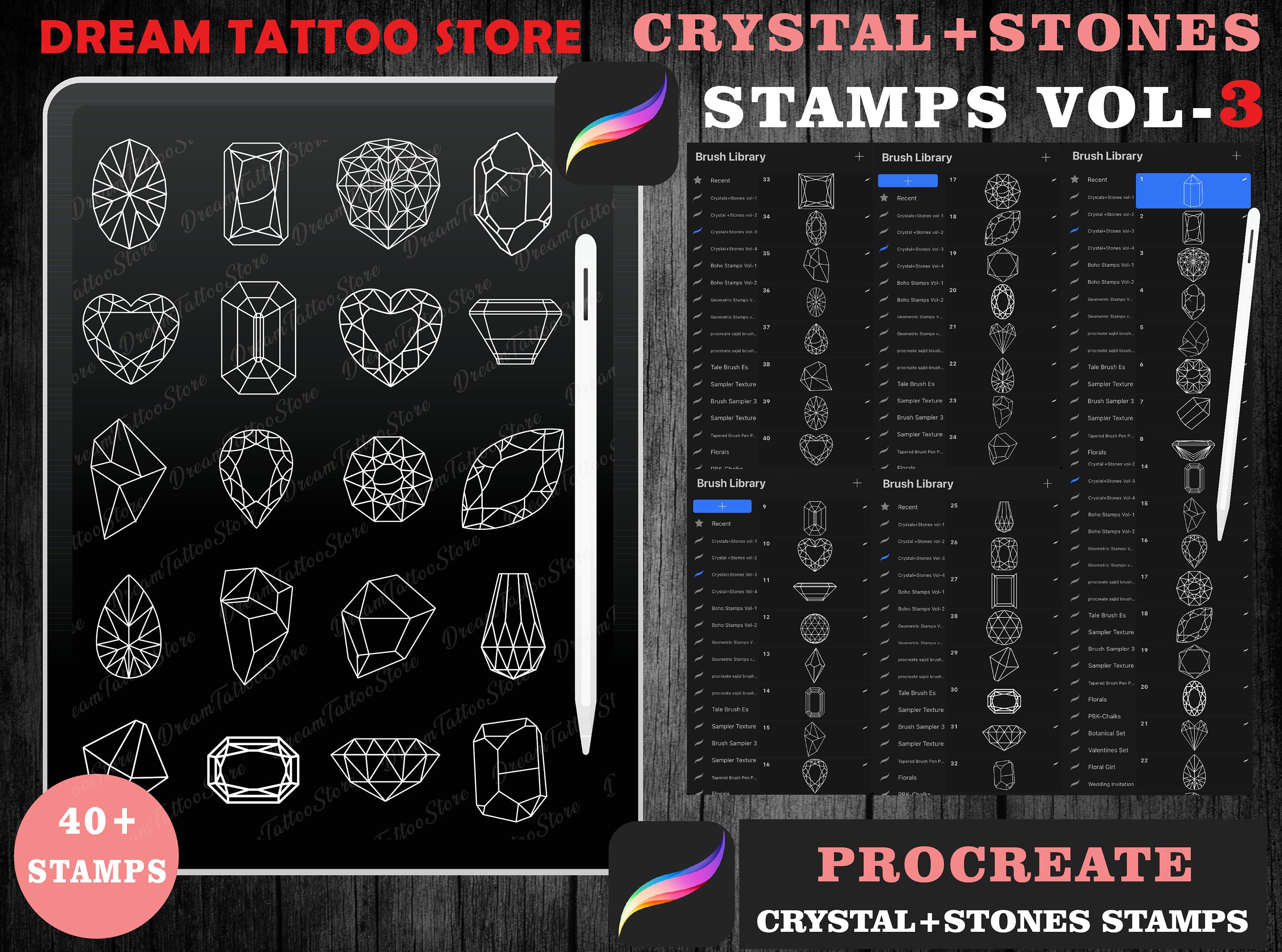 44 sellos de cristales y gemas para Procreate – Brushset para iPad: joyería, cuentas y tatuaje